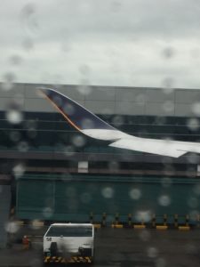 a plane wing in the rain